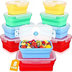 Mifoci Set of 8 Silicone Collapsible Bowls for Camping with Vent Lid Silicone Storage Containers for Food Meal Preparation Square Bowl Microwave Freezer Dishwasher Safe(Vibrant Color,Assorted Sizes)