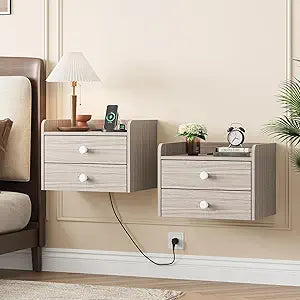 Vabches Floating Nightstand Set of 2 with 2 Storage Drawers and Charging Station Wood Wall Mounted Bedside End Table Modern Night Stands Set 2 for Bedroom,Small Space,Grey