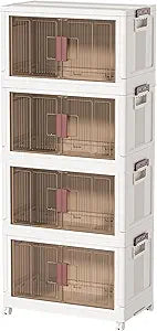 60GAL/240QT 4 tier large stackable storage bins with lid and wheels, collapsible storage bins plastic with doorssuit for clothes, closet, home and office