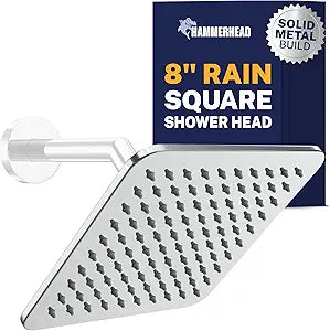 HammerHead Showers SOLID METAL 8 Inch Square Rainfall Shower Head  CHROME - Shower Head Rainfall - 2.5 GPM High Flow Shower Head Optimized for Pressure  Large Square Rain Shower Heads