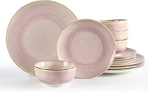 Sweejar Dinnerware Sets Service for 4, 12 pcs Porcelain Plates and Bowls for Kitchen, Housewaring Gift, Chip and Scratch Resistant Dish Set, Handmade Dishwasher and Microwave Safe Plate Set, Pink