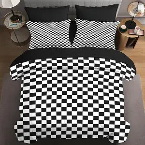Plaid Checkerboard Grid Black White Quilt Comforter Set 5 Pcs Twin Size, Checkered Geometric Luxury Soft Bedding Set with Flat and Fitted Sheet Pillowcases Sham for Adults Bedroom Bed Decor