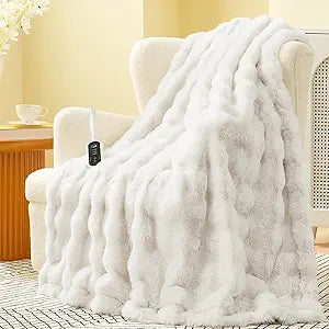 Amlie Home Heated Bubble Faux Fur Blanket Electric - 50"x60" Heating Blanket Throw 2/4/6/8 Hours Auto-Off 8 Heat Level Over-Heat Protection Electric ETL Certification Beige/Off White