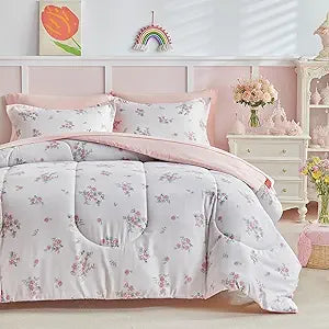 Joyreap 6pcs Bed in a Bag for Girls, Floral Pink Design, Twin Size Microfiber Comforter Sheet Set, Soft Cozy Bedding Comforter Set for All Season