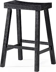 Maven Lane Vincent Counter Stool  26 Inches  Rectangular Stool with Footrest  Black Solid Wood  Space-Saving Design for Kitchen Counters & Islands