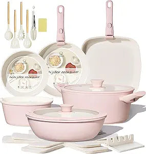 BECIGAR 23pcs Ceramic Pots and Pans Set, Nonstick Detachable Handle Cookware, Induction Kitchen Cooking Set with Removable Handle,include Frying Pans & Saucepans Oven Safe(Pink)