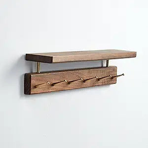 Solid Wood Shelf with Hooks, 19 inch Coat Rack Wall Mount, Shelves with 6 Brass Hooks for Hanging in Entryway, Living Room, Bathroom, Bedroom, Kitchen(Walnut)