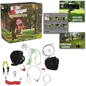 Tumbo Solo Slinger Outdoor Tough Hanging 50 ft Zipline Dog Toy (Uses Bungee Force to Sling the Rope Toy Back and Forth to the Center) with Our 50 ft Trolley System Included