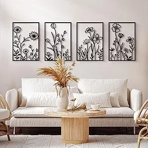 Sokurdeg Black Metal Flowers Wall Decor, Minimalist Floral Metal Wall Hanging Art, Black Abstract Rustic Flower Line Wall Sculptures for Bedroom Bathroom Living Room (4 Pcs, 15.7 x 22.5 in)