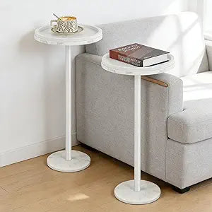 smusei 2 Pack Small Drink Table with Marble Base Round Side Table Pedestal Table for Small Spaces Round End Table with Anti-Fall Guard for Living Room Bedroom Home Decor, White