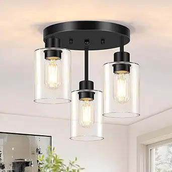 Farmhouse Flush Mount Ceiling Light, Black 3-Light Hallway Light Fixtures Ceiling with Clear Glass Shades, Light Fixtures Ceiling Mount for Kitchen Living Room Foyer, E26 Base