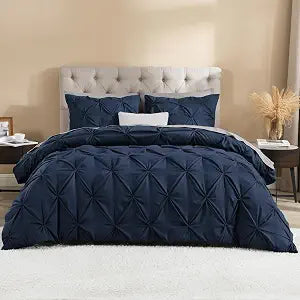 Litanika Navy Blue Pinch Pleat Duvet Cover King, 3 Pieces Pintuck Cover Soft Polyester Bedding Set with Zipper Closure & Corner Ties(104x90Inch-1 Duvet Cover, 2 Pillowcases)