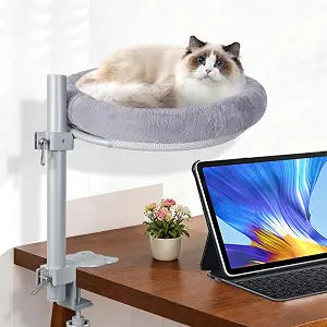Cat Desk Bed,Steel Cat Bed for Desk,Up and Down Available,360 Rotating, Shelf Height Adjustable, Desktop Attachment Cats Nest Perch Hammock for Office Game Tables, Supports 40lb (Dark Gray