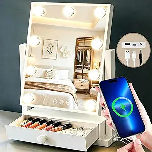 Vanity Mirror with Lights with Drawer,USB Charging Port, Hollywood Makeup Mirror with 9 Dimmable Bulbs,3 Color Lighting Modes, Detachable 5X Magnification, Smart Touch Control Gifts for Women