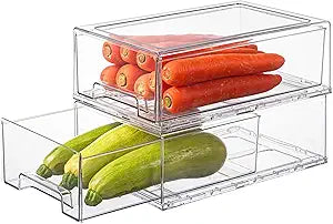Clear Stackable Refrigerator Organizers and Storage Drawers - Pull-Out Fridge Bins with handles for KitchenPantryCabinetBathroom, UndersinkCloset (2 Pack)