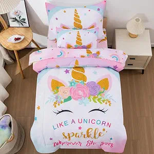 JQinHome Toddler Comforter for Girls,5 Piece Bed in A Bag 3D Unicorn Sparkle Theme Bedding Set with 2 Pillowcases,1 Flat Sheet,1 Fitted Sheet(Unicorn Sparkle,Toddler Size 42" x 57")