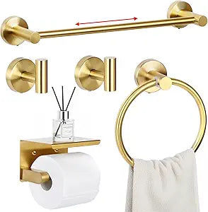 5 Pieces Gold Bathroom Accessories Set - 25.6 inch Towel Bar, Toilet Paper Holder, Towel Rack and Coat Hook, SUS304 Stainless Steel Bathroom Hardware Set, Wall Mounted Bathroom Decor and Accessories