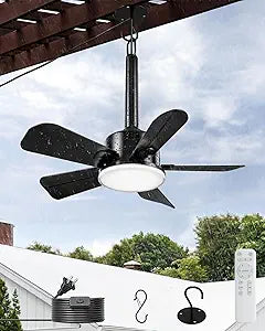 NWOP 20 Inch Plug-In Outdoor Ceiling Fan with Light and Remote, Waterproof Wet Rated Mini Ceiling Fan for Small Spaces, 5 Blade Quiet Compact Ceiling Fan for Patio Balcony Gazebo Porch, Black