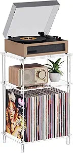 Clear Acrylic Record Player Stand with Vinyl Storage, 15.75" L x 11.81" W x 24.5" H, 3 Tier Small Side Turntable Table with Album Shelf, Modern Bedside End Table for Living Room, Bedroom