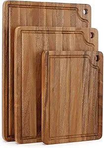 Caperci Wood Cutting Board Set of 3 - Acacia Wooden Cutting Chopping Boards for Kitchen with Juice Groove & Handle Hole, Charcuterie Serving Tray Wood Butcher Block (17x12 & 14x11 & 11x8 Inch)