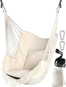Chihee Hammock Chair Hanging Swing 2 Pillows Included,Strong Webbing Straps and Hooks for Easy Hanging Soft Cotton Hanging Chair Side Pocket Tassel Chair Comfort Indoor Outdoor