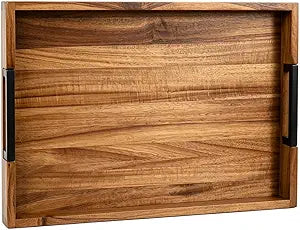 Large Ottoman Tray for Living Room and Coffee Table, Decorative Acacia Wood Serving Tray with Metal Handles for Breakfast in Bed, Dinner Food Kitchen TV (Natural, 17" x 13" x 2")