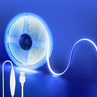 5V USB COB LED Strip Lights with Dimmable Switch,16.4FT/5M,Blue,320LEDs/M,8mm Width,Not Waterproof IP20,1.5M USB Switch Cable,for DIY Home Indoor Decoration