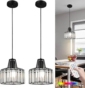 Battery Operated Pendant Lights,Rechargeable Pendant Light with Remote,Crystal LED Pendant Light Fixtures for Kitchen Island,Black Modern Hanging Lights for Bedroom,Dining Room Hallway Entryway