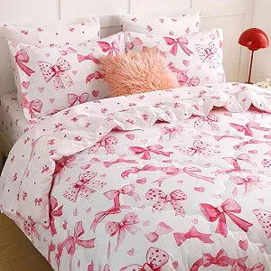 Girls Bow Comforter Bedding Set Twin Size 7 Piece Pink Reversible Bowknot Comforter Set Bed in A Bag for Kids Teens All Season (Comforter,Flat Sheet,Fitted Sheet and Pillow Sham)