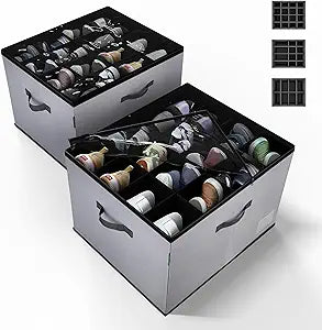 2 Pack Shoe Organizer for Closet, Foldable Fabric Shoe Storage Box with Adjustable Dividers and Clear Dustproof Cover, Large Collapsible Shoe Bins & Containers, Holds up to 32 Pairs, Gray