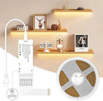 Under Cabinet COB Led Light Strip kit,16.4ft/5m Cuttable 3000K,Diffused Power with 6 Outlets,Touch Switch&Dimmer Strip for Curio Cabinet,Book Shelf,Wardore,Wine Rack