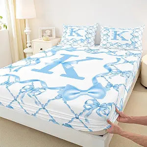 Erosebridal Blue Initial K Kids Queen Fitted Sheet for Girls - Coquette Bow Cute Bed Sheets Girly Preppy Letter K Bedding Set with Bow Design Initial Birthday Gifts Sheets