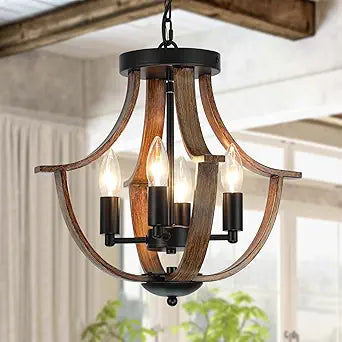 LAMPKEDUO Farmhouse Hanging Pendant Lighting, 4-Light Rustic Flush Mount Ceiling Light Fixture,Modern Faux Wood Vintage Chandelier for Dining Room Kitchen Island Foyer Hallway Entryway Bedroom
