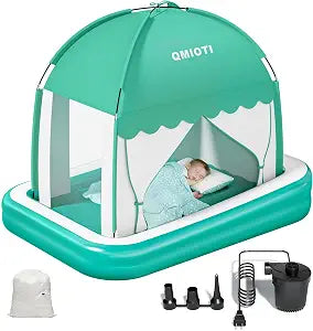 Inflatable Toddler Travel Bed with Tent, Portable Toddler Bed with Safety Bumpers, Blow Up Kids Air Mattress with Electric Pump, Ideal for Home, Traveling, Camping