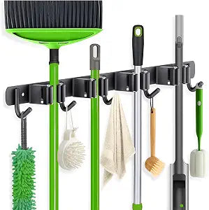 ZONGOOL Wall Mount Broom Holder 4 Racks 5 Hooks Metal Tool Organizer Black