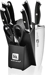 Klaus Meyer 8-Piece Kitchen Knife Set, German High Carbon Steel Pakka Wood Handle Chef Knife Set With Block, Ultra Sharp With Scissors, Sharpener Rod.