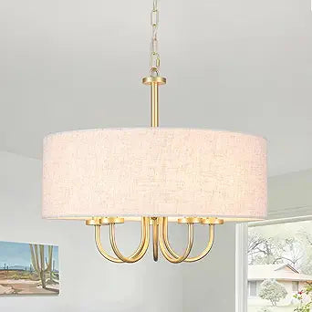 5 Lights Drum Chandelier Gold Farmhouse Chandelier with Shades 19" Large Pendant Light Fixtures Hanging Brass Round Chandeliers for Bedroom Dining Room Over Table Living Room Foyer Kitchen Island