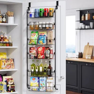 Delamu Over the Door Pantry Organizer, 6-Tier Metal Pantry Door Organization and Storage, Hanging Kitchen Basket Spice Rack Seasoning Shelves, Cabinet Door Organizer for Easy Install,D5xW18xH50inch