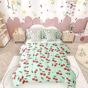 Erosebridal Girls Cherry Bedding Sets Cute Fruit Comforter Set 7 Piece Bed in A Bag Twin,Red Sweet Cherries Comforter and Sheets Preppy Aesthetic Kawaii Bed Set,Green Red