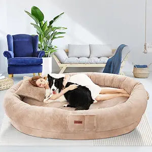 Fvkind Human Dog Bed for Adult Kids, 70"x33"x12" Washable Faux Fur Human Size Dog Bed for People Doze Off, Cozy Large Present with Blanket and Pillow, Khaki