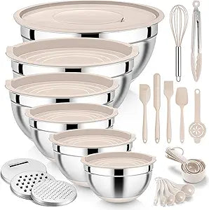 E-far 25PCS Mixing Bowls with Lid Set, Stainless Steel Nesting Prep Bowls with Grater Attachments Non-Slip Bottoms for Cooking, Serving, Food Storage, 4.6/2.6/2/1.5/1/0.7QT - Khaki