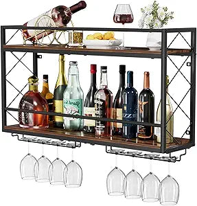 Wine Rack Wall Mounted 2 Tier Wall Wine Rack with Glass Holder, Double Layer Anti-Drop Crossbar, 31.5" Metal Wood Wall Mount Wine Holder for Home Kitchen Dining Room Coffee Shop Bar, Black