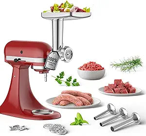 GVODE Stainless Steel Meat Grinder Attachment for KitchenAid Stand Mixer, Food Grinder attachment with 4 Grinding Plates, 3 Sausage Stuffer Tubes, 2 Grinding Blades, Mixers Accessories for Kitchen Aid