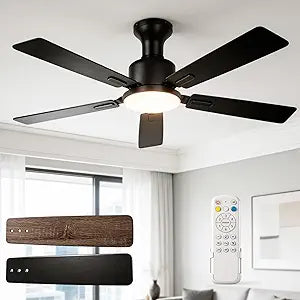 Ceiling Fans with Lights, 52 Inch Ceiling Fan with Light and Remote Control, Black Flush Mount Ceiling Fan, High Airflow, 3CCT, Dimmable, Quiet Reversible Motor for Large Living Room, Bedroom