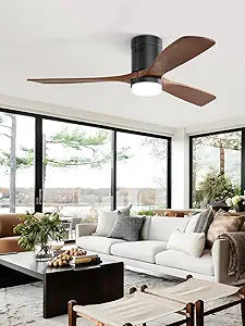 Sofucor 52 Inch Ceiling Fan with Lights and Remote, Flush Mount Low Profile Wood Ceiling Fan for Indoor Farmhouse Bedroom Living Room Outdoor Patio Porch, 3 Blades, Reversible DC Motor, Brown
