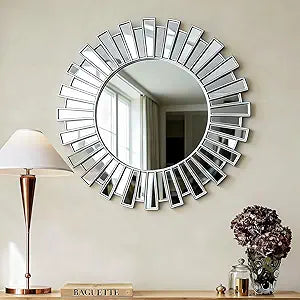 SHYFOY 23.6" Silver Sunburst Wall Mirror, Large Round Beveled Decorative Wall Mirror, Modern Art Deco Accent Mirror for Living Room, Bedroom, Entryway