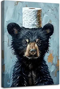 Funny Bathroom Bear Canvas Wall Art, Black Bear with Paper Poster Print Artwork, Humor Animal Painting Picture Wall Decor, for Kids Restroom, Cabin, Bathroom, Home Decoration, 16x24in