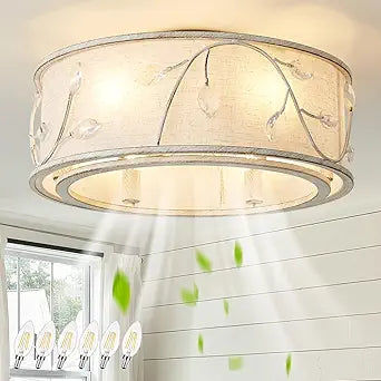 Caged Flush Mount Ceiling Fans with Lights, 20" White Boho Ceiling Fan, Low Profile Crystal Ceiling Fan with Light Remote Control, Small Mid Century Bladeless for Bedroom(6 E12 Bulb Include)