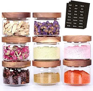 Tzerotone 8 Pcs Spice Containers - 8.5oz Glass Spice Jars With Acacia Airtight Lid and Labels - Stackable Empty Round Spice Bottles for kitchen Seasoning, coffee bean, tea, suger, herbs
