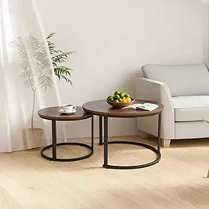 FAHKNS Nesting Coffee Table Set of 2, Round Simple Industrial Side Tables with Wood Top & Metal Base for Living Room, Space-Saving Furniture for Small Spaces